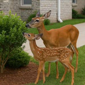 A mother deer and her fawn eat a shrub in a suburban front yard, standing near a brick house with green lawn and mulch-lined garden.