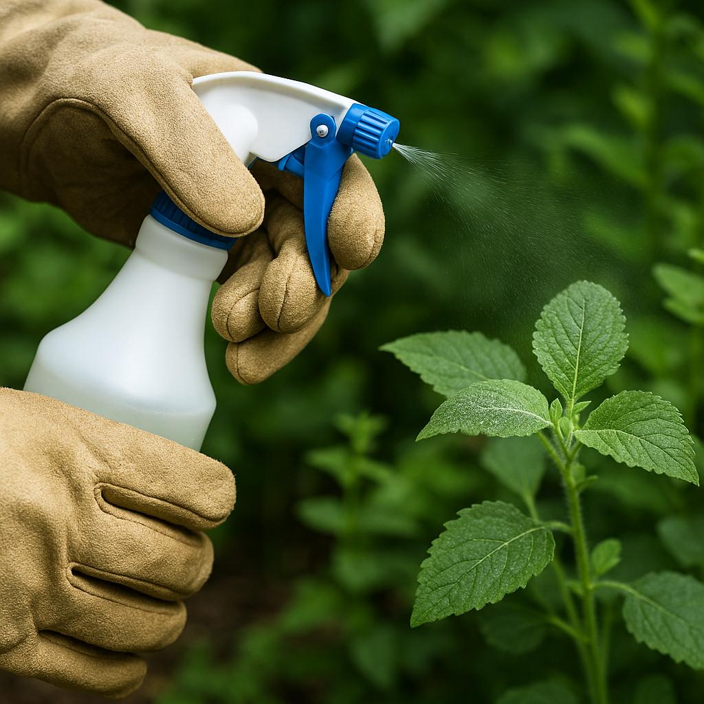 Close-up of a gardener wearing beige leather gloves spraying for garden fungus with an antifungal solution onto green plant leaves with a white and blue spray bottle, as sunlight highlights the fine mist and leaf texture.